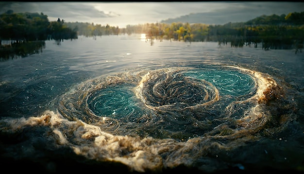 Un potente idromassaggio si forma sulla superficie delle acque verdi del fiume Rendering 3d Illustrazione raster