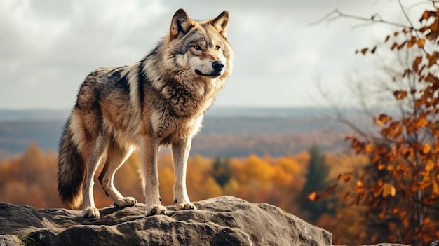 un potente lupo alfa si erge con equilibrio regale in cima a una scogliera aspra osservando il suo vasto e vasto territorio sottostante la scena cattura un momento di leadership e autorità mentre l'alfa