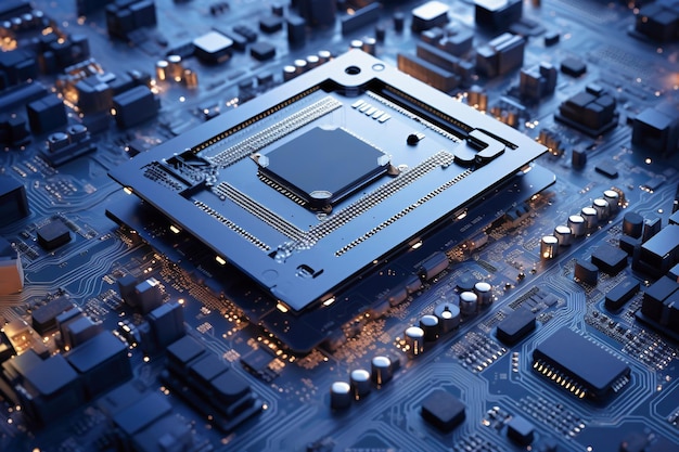 Un potente processore o chip di computer su una scheda madre Tecnologie moderne Sfondo blu