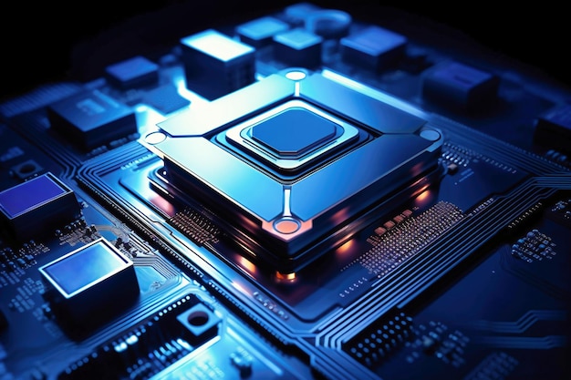 Un potente processore per computer o chip su una scheda madre Tecnologie moderne Sfondo blu