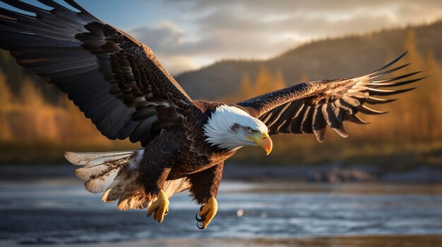 Un potente scatto di un'aquila calva in volo che ne cattura la forza e la grazia