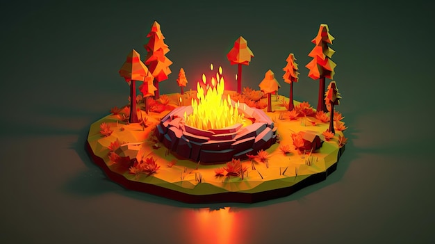 un pozzo del fuoco low poly con alberi e piante