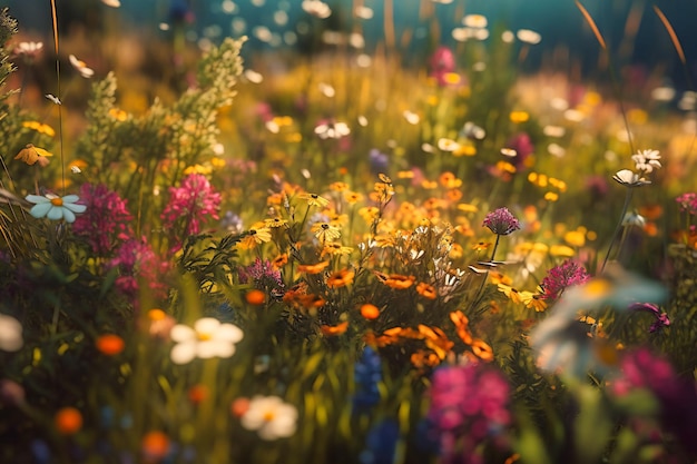 Un prato di fiori selvatici che vanno dall'arancio intenso al giallo brillante e al rosa che ondeggia dolcemente nella brezza