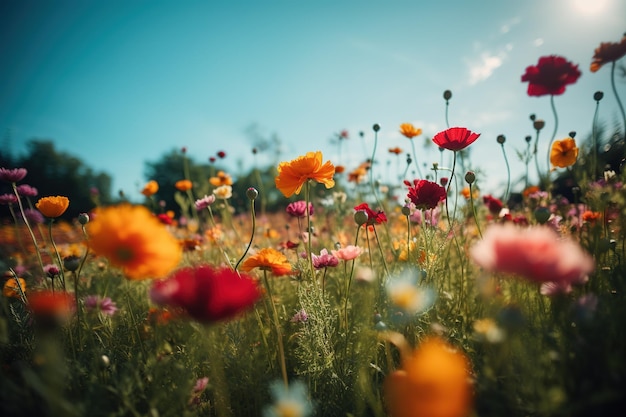 un prato ricco di fiori vivaci che si staglia contro un cielo azzurro e limpido