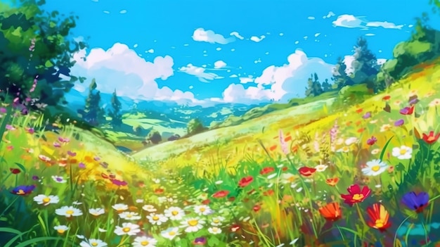 Un prato soleggiato con fiori di campo Concetto di fantasia Illustrazione pittura