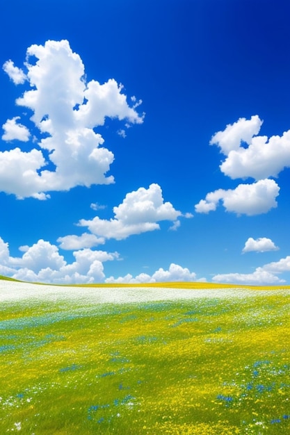 Un prato soleggiato di fiori di campo con un cielo azzurro brillante punteggiato da soffici nuvole bianche