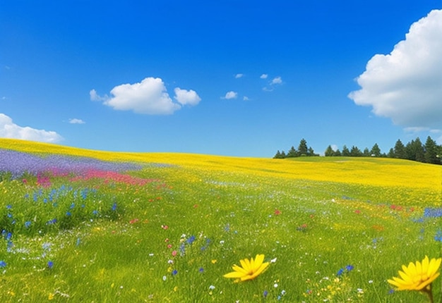 Un prato tranquillo con fiori selvatici colorati e uno sfondo o carta da parati blu limpido