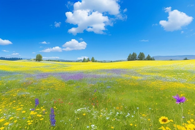 Un prato tranquillo con fiori selvatici colorati e uno sfondo o carta da parati blu limpido