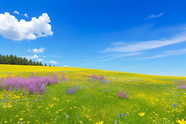 Un prato tranquillo con fiori selvatici colorati e uno sfondo o carta da parati blu limpido