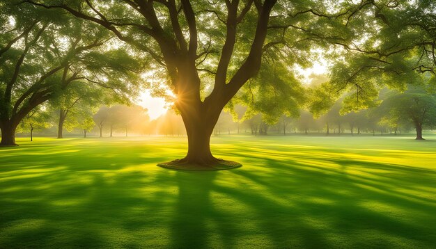 un prato verde con un albero e il sole che splende attraverso l'erba