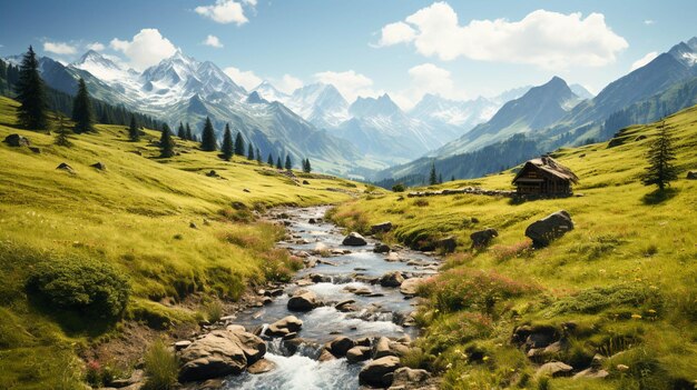 Un prato verde della foresta e un paesaggio montano