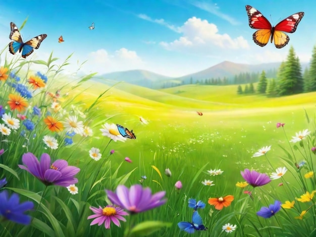 Un prato vibrante con l'erba verde lussureggiante e fiori selvatici colorati con farfalle che galleggiavano intorno uno sfondo ideale per una sensazione di luce e aria