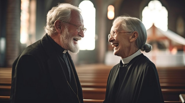 Un prete anziano e una suora conversano in chiesa usando l'IA generativa