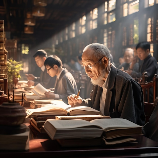 un prete che legge un libro in una chiesa con altri uomini sullo sfondo.