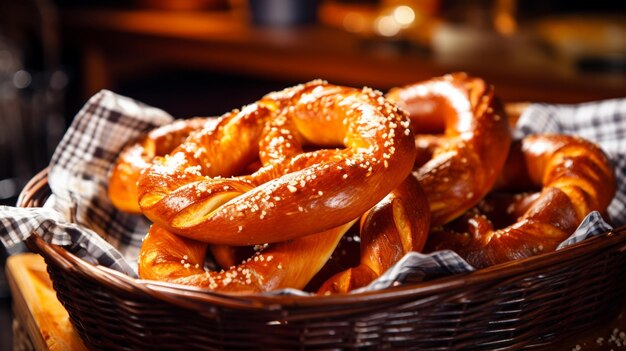 Un pretzel contorto e marrone dorato con superficie salata fermo all'esterno ma masticabile all'interno