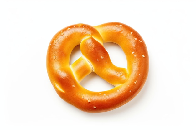 Un pretzel su uno sfondo bianco semplice ricoperto di sale e ha una consistenza morbida