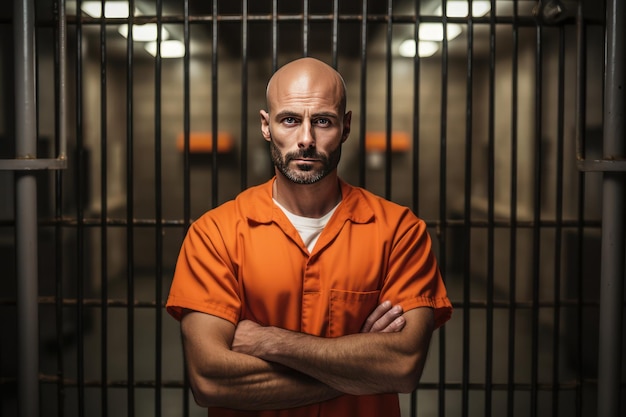 Un prigioniero calvo di mezza età in uniforme arancione tiene le mani su barre di metallo guardando la telecamera Un criminale scontando una pena detentiva in una cella carceraria Un detenuto sta dietro le sbarre di una prigione o di un centro di detenzione