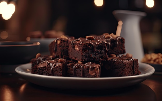 Un primo piano brownie al cioccolato su uno sfondo di caffè dolce cibo da forno da dessert ai generato