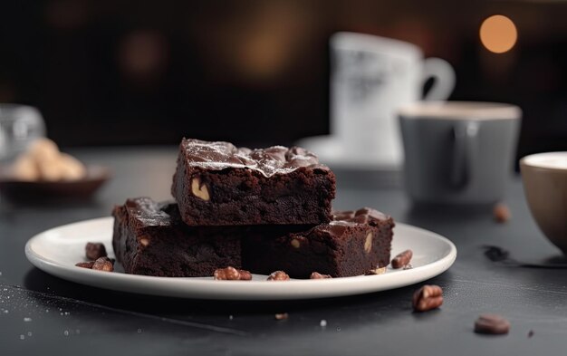 Un primo piano brownie al cioccolato su uno sfondo di caffè dolce cibo da forno da dessert ai generato