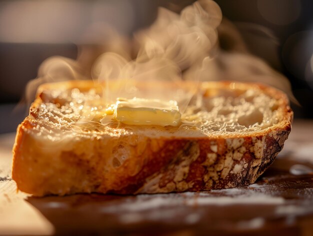 Un primo piano che cattura la ricca consistenza e la crosta marrone dorato di un pane artigianale appena cotto