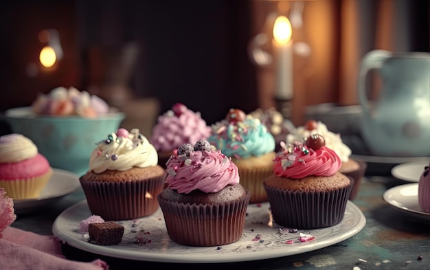 Un primo piano cupcakes su uno sfondo caffè dolce dessert panetteria cibo ai generato