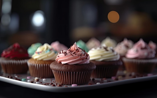 Un primo piano cupcakes su uno sfondo caffè dolce dessert panetteria cibo ai generato