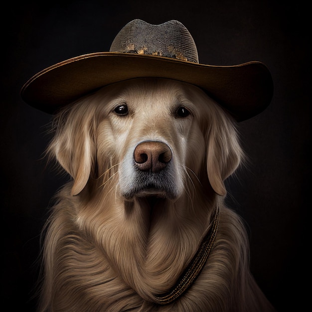 Un primo piano del cane che indossa cappello da cowboy ai generativo