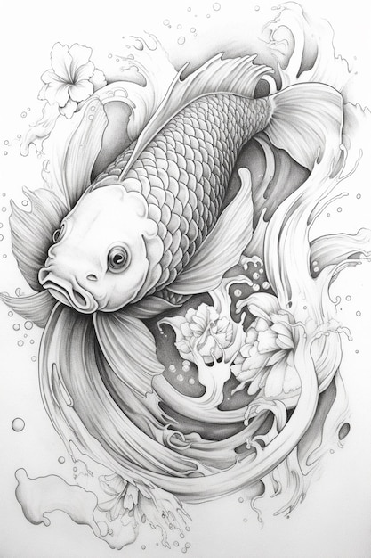 un primo piano del disegno di un pesce con un fiore ai creativo