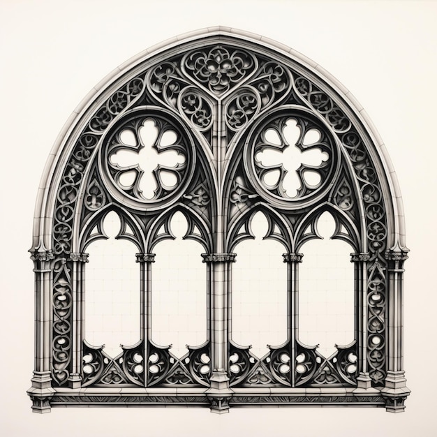 un primo piano del disegno di una finestra gotica con un orologio ai
