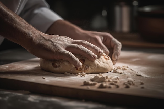 Un primo piano del processo di allungamento dell'impasto della pizza IA generativa