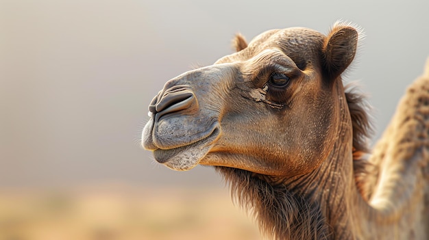 Un primo piano del viso di un cammello Il cammello sta guardando a destra del fotogramma Ha un mantello marrone e occhi marrone scuro