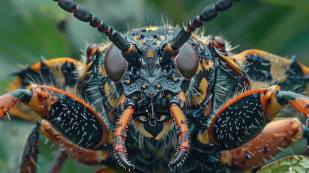 Un primo piano del viso di un coleottero Il coleottero ha grandi occhi neri e il suo corpo è coperto da un guscio duro e lucido