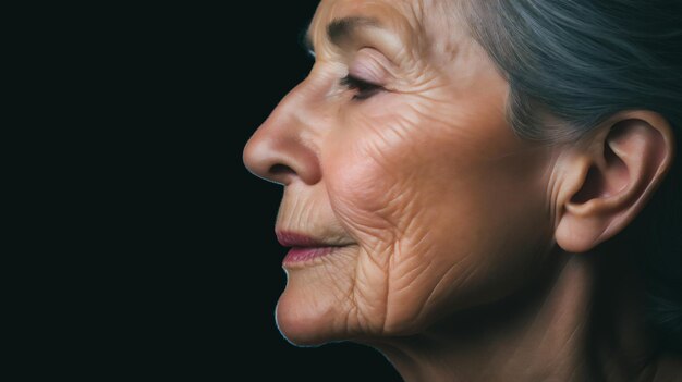 un primo piano del viso di una donna che sottolinea la sua mandibola con sottili segni di invecchiamento come un leggero cedimento