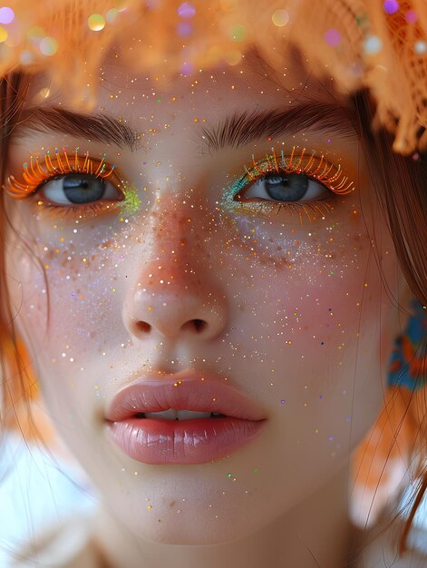 Un primo piano del viso di una donna con trucco colorato e lentiggini
