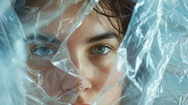 Un primo piano del viso di una donna coperto di plastica