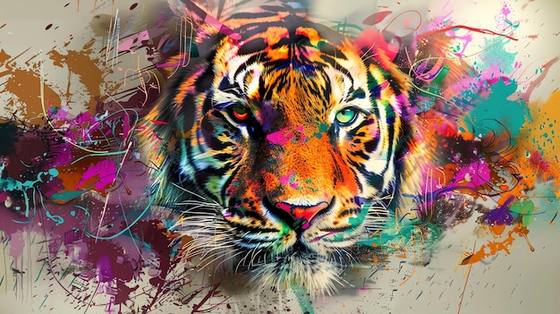 Un primo piano del viso di una tigre con uno sfondo artistico colorato La tigre sta guardando lo spettatore con la bocca chiusa