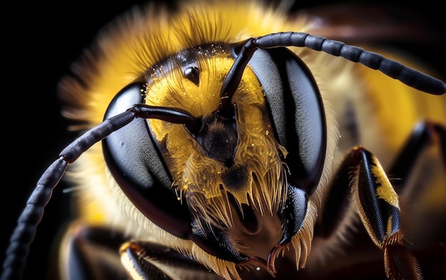 Un primo piano del volto di un'ape con uno sfondo nero