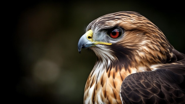 Un primo piano del volto di un falco con uno sfondo scuro