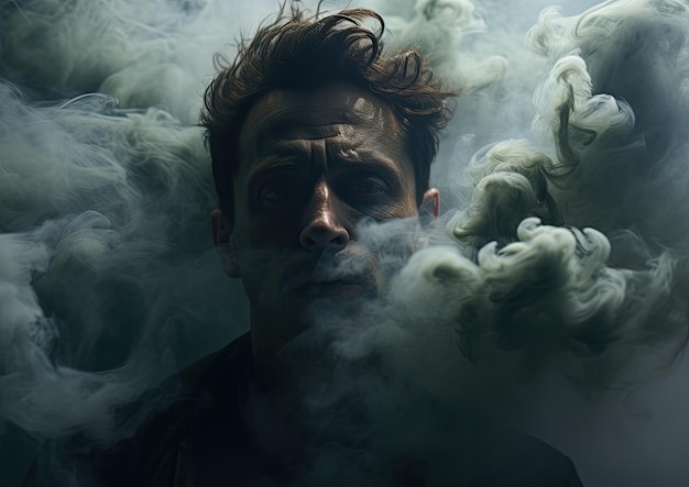 Un primo piano del volto di un uomo parzialmente oscurato da una nuvola di fumo vorticosa L'illuminazione