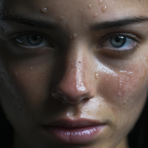 un primo piano del volto di una donna con l'acqua sul viso