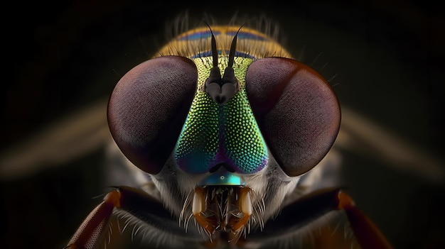 Un primo piano del volto di una mosca con un motivo verde e blu.