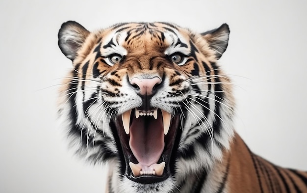 Un primo piano del volto di una tigre che mostra i suoi denti.