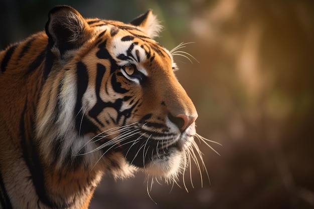 un primo piano del volto di una tigre del Bengala in una foresta
