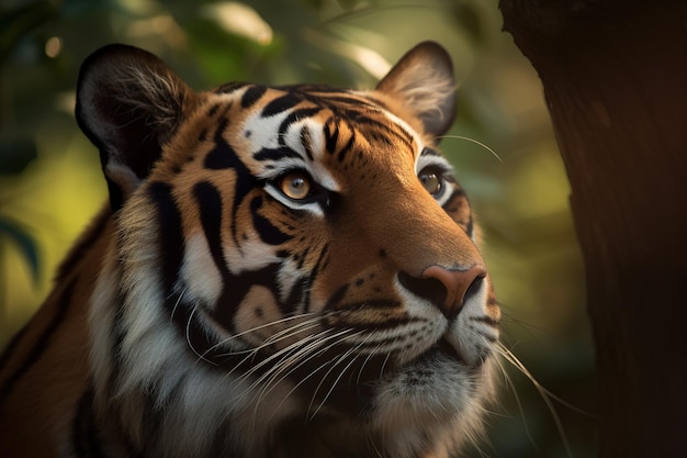 un primo piano del volto di una tigre del Bengala in una foresta