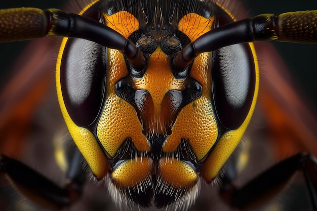 Un primo piano del volto di una vespa con un motivo nero e giallo.