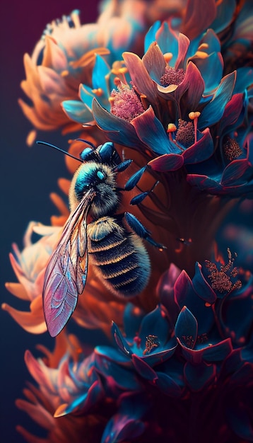 Un primo piano dell'ape sul fiore con esso generativo ai