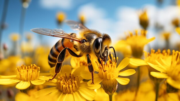 Un primo piano dell'ape sul fiore in un soleggiato giorno d'estate