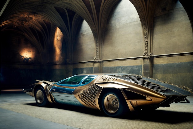 Un primo piano dell'auto con un design metallico sventato su di essa ai generativa