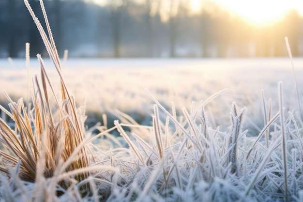 Un primo piano dell'erba carica di gelo in un prato invernale