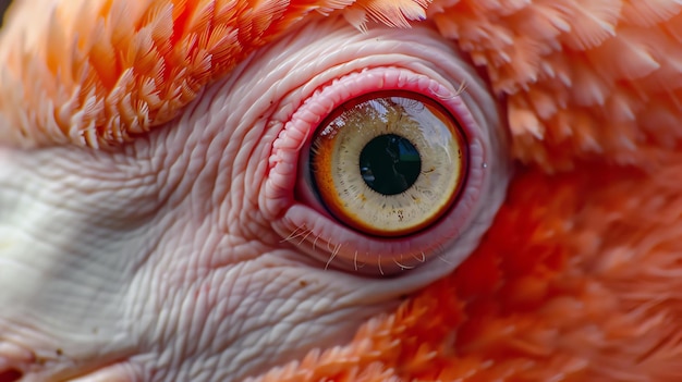Un primo piano dell'occhio di un fenicottero L'occhio è di colore arancione scuro con una pupilla nera L'occhio del fenicottero è circondato da un anello bianco di piume